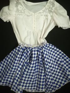 Adult Female Costumes to Hire - German - White top & Blue Gingham Skirt